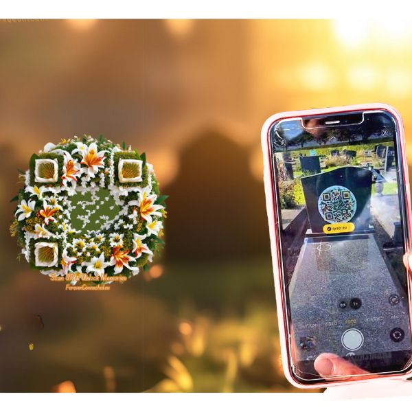 QR Bloemenkrans met roze rozen, roze anjers, roze asters, witte chrysanten, witte anjers en gipskruid