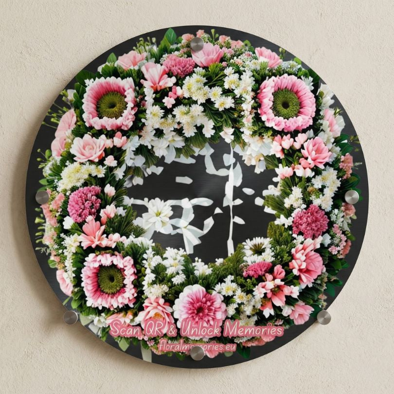 QR Memorial Flower wreath featuring pink roses, pink carnations, pink asters, white mums, white stock, and baby's breath