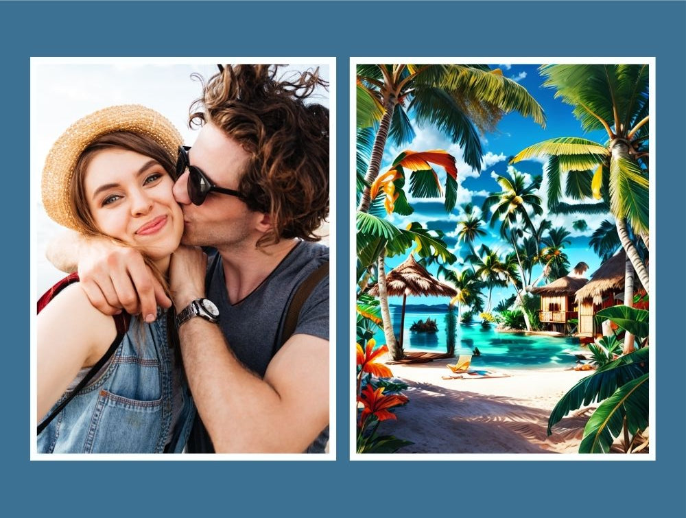 Artistic QR Memory Tile from Forever Connected with photo and a QR design of a tropical island and the QR code is linked to a digital memorial page