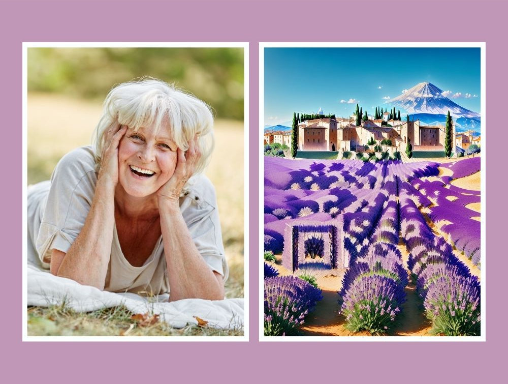 Artistic QR Memory Tile from Forever Connected with photo and a QR design of La Provence lavender fields and the QR code is linked to a digital memorial page
