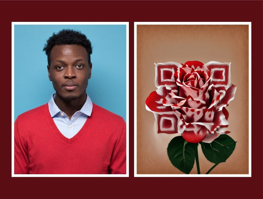 Artistic QR Memory Tile from Forever Connected with photo and a QR design of a single rose and the QR code is linked to a digital memorial page