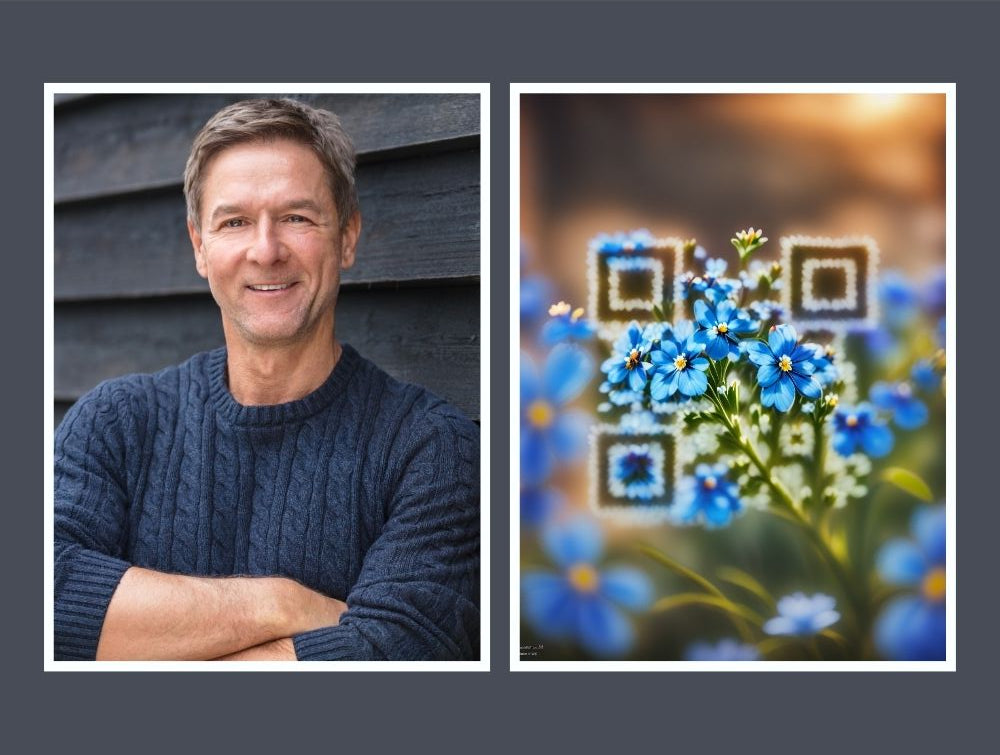 Artistic QR Memory Tile from Forever Connected with photo and a QR design of Forget-me-not flowers and the QR code is linked to a digital memorial page