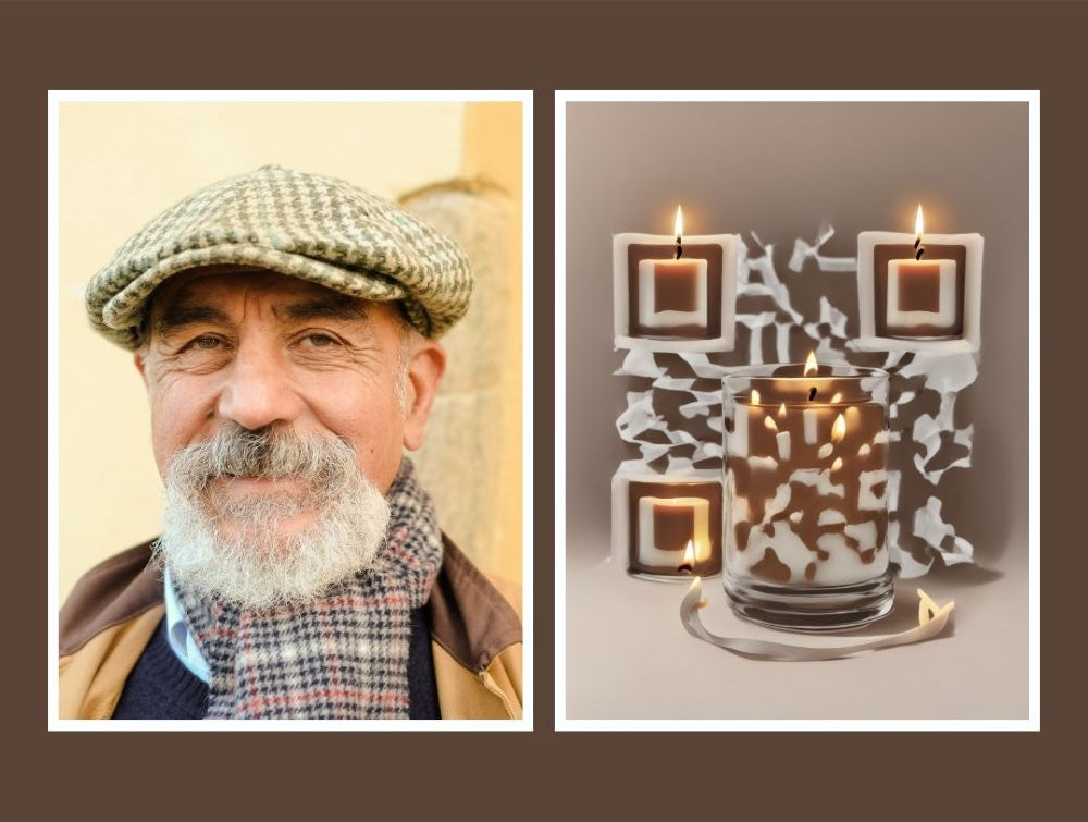 Artistic QR Memory Tile from Forever Connected with photo and a QR design of candles and the QR code is linked to a digital memorial page