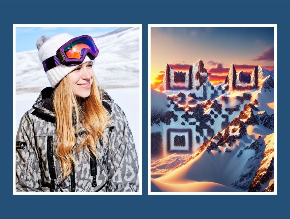 Artistic QR Memory Tile from Forever Connected with photo and a QR design of a sunset over snowmy mountains and the QR code is linked to a digital memorial page