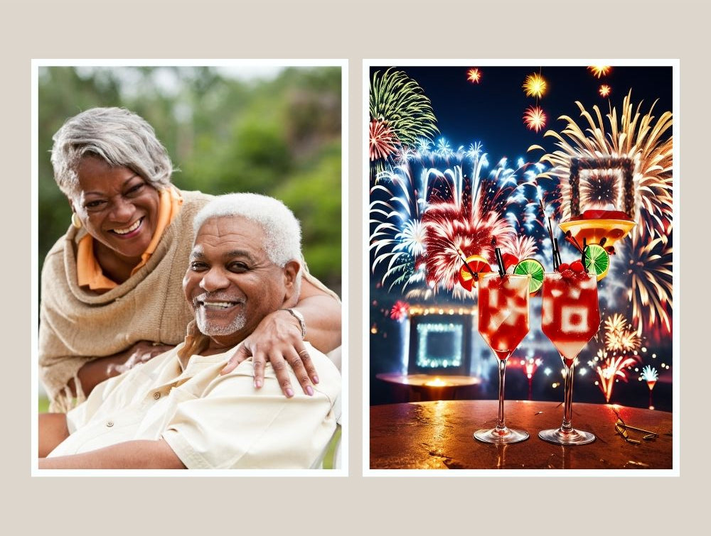 Artistic QR Memory Tile from Forever Connected with photo and a QR design of cocktails and fireworks and the QR code is linked to a digital memorial page