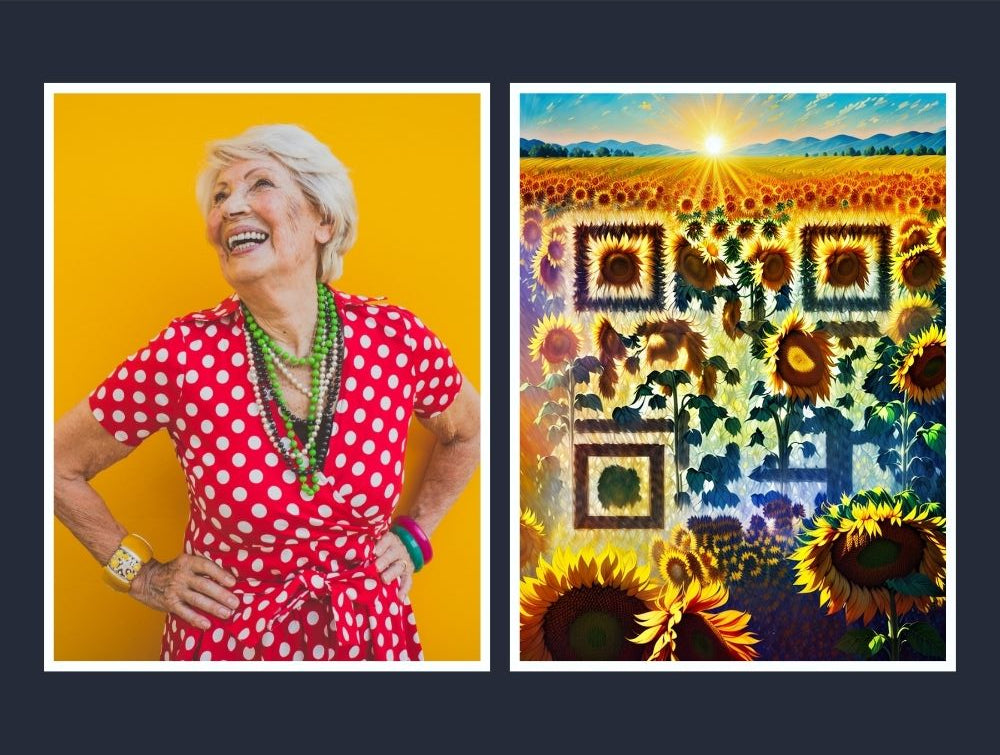 Artistic QR Memory Tile from Forever Connected with photo and a QR design of a field of sunflowers and the QR code is linked to a digital memorial page