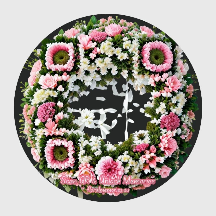 QR Bloemenkrans met roze rozen, roze anjers, roze asters, witte chrysanten, witte anjers en gipskruid