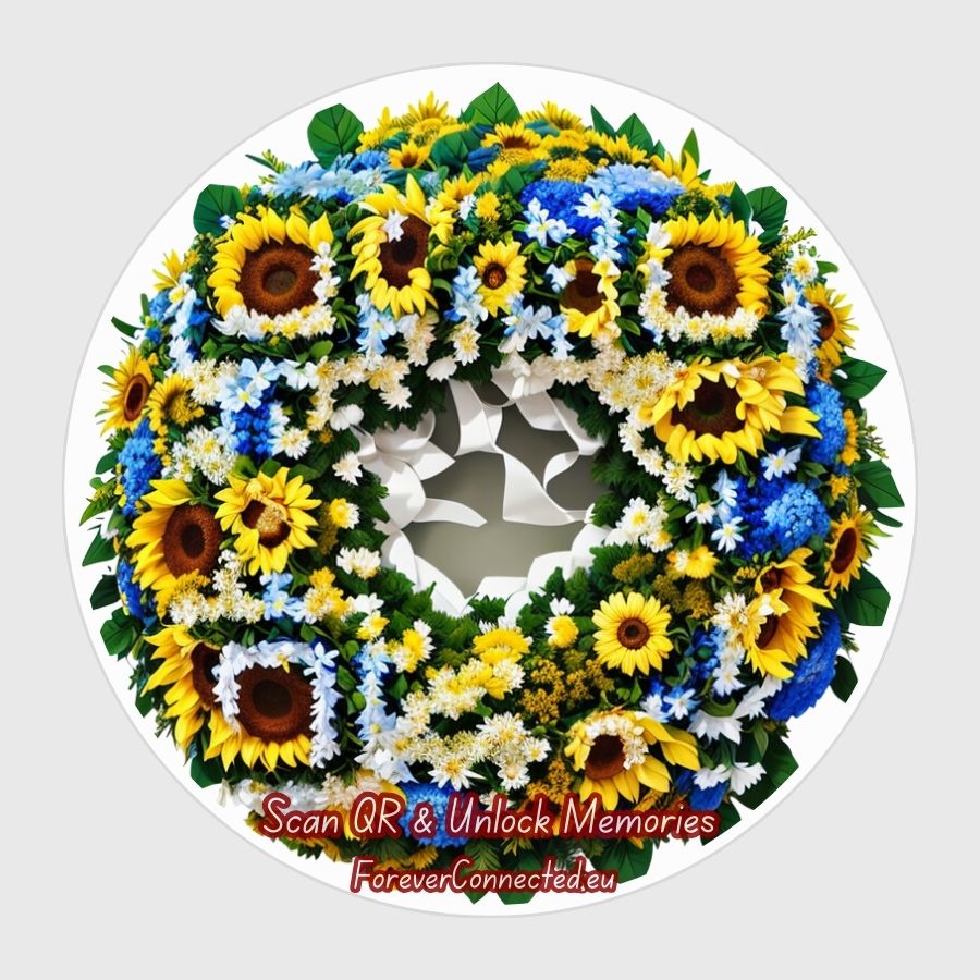 QR Bloemenkrans bestaande uit zonnebloemen, solidago, groen en ridderspoor
