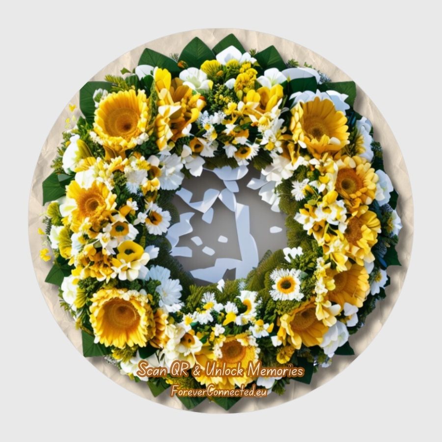 QR Bloemenkrans met zonnebloemen, veel kleine witte bloemen en groen