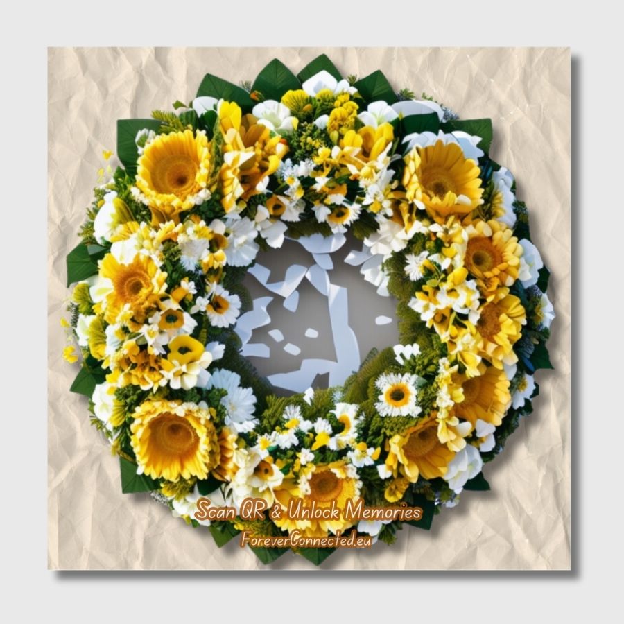 QR Bloemenkrans met zonnebloemen, veel kleine witte bloemen en groen