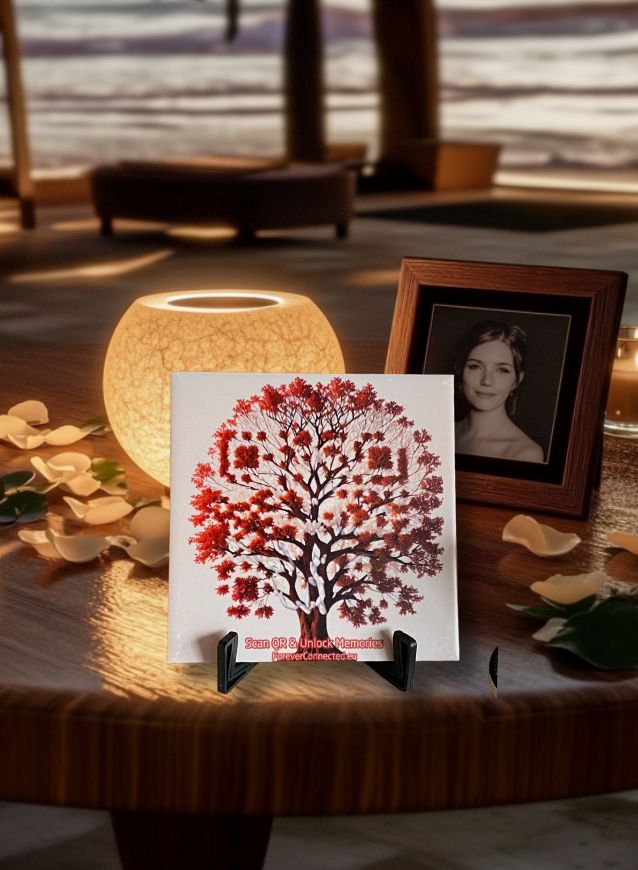 A decorative red and brown tree of life with a QR code displayed on a table, illuminated by a lamp, with a framed photo and autumn leaves in the background.