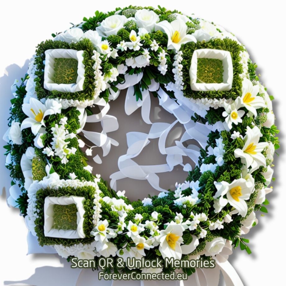 QR Memento - Flower wreath with bright white roses, white Asiatic lilies, mini carnations and white cushion poms
