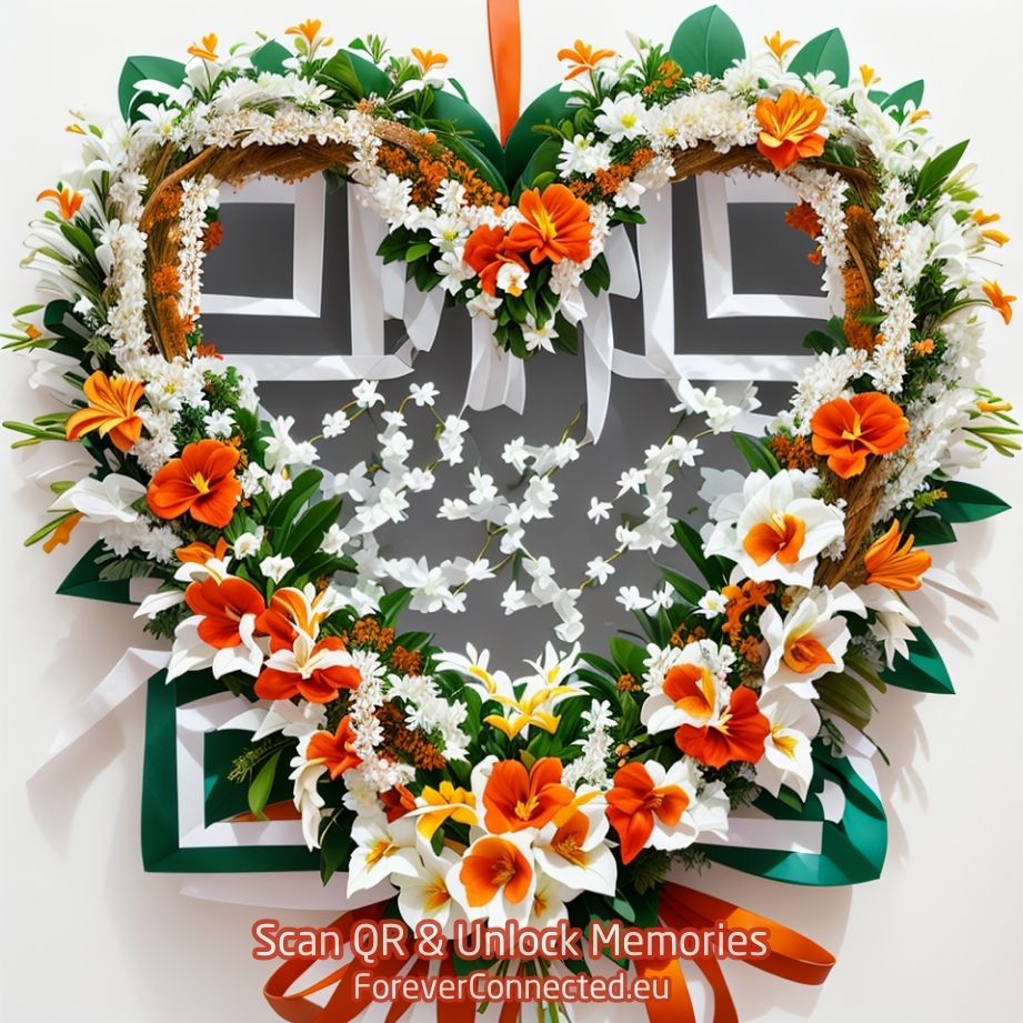 Couronne de fleurs en forme de cœur commémorative QR composée de roses blanches éclatantes, lys asiatiques et orchidées