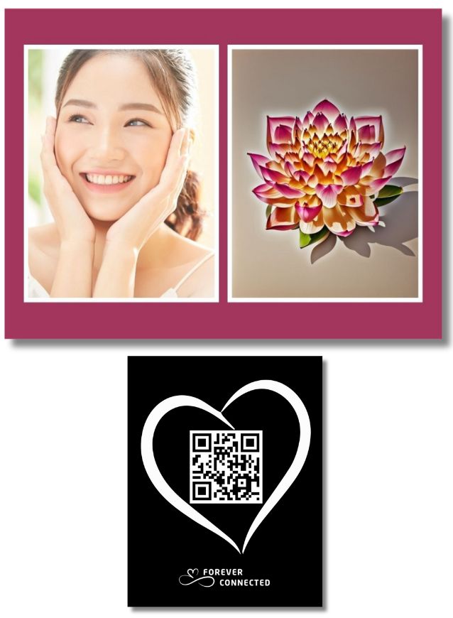 Artistic QR Memory Tile with photo and a QR design of a blossoming Lotus Flower and QR plaque with heartshaped QR code that leads to a digital memorial page where the family can upload messages, photos, videos and more. custom design from Forever Connected