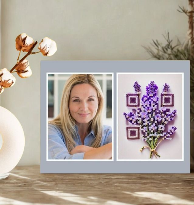 Artistic QR Memory Tile from Forever Connected with photo and a QR design of a Lavender Bouquet and the QR code is linked to a digital memorial page
