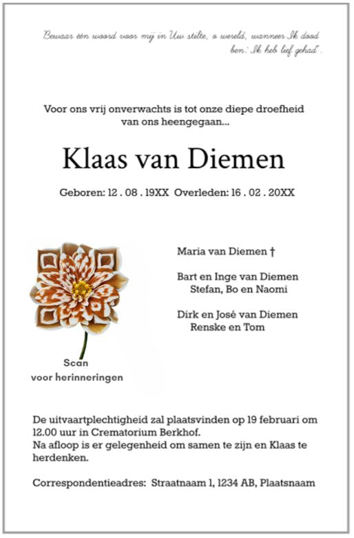 Personalized Funeral Stationery where the QR code can lead to a page with memories of the loved one; the streaming funeral service; or the page to register for the coffee table