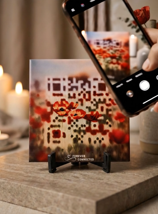 QR memorial made of a ceramic tile with a unique artistic QR design that leads to a virtual in memoriam