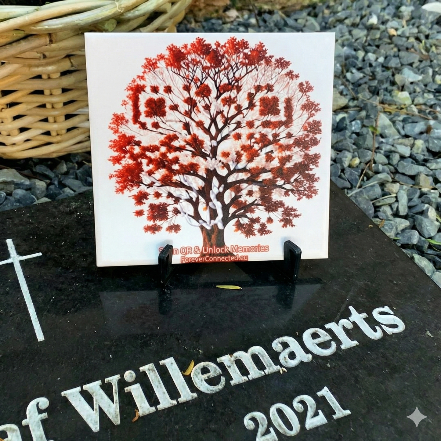 QR code ceramic tile on a grave, connected to an online digital memorial