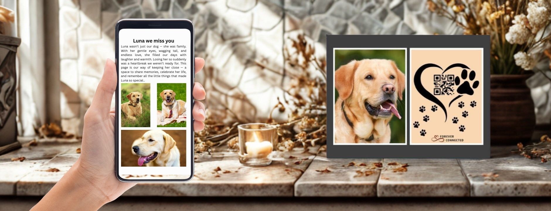 A serene memorial scene showing a framed tribute to a golden retriever with a photo and artistic QR code tile labeled "Forever Connected," beside a hand holding a phone with a memorial page open.