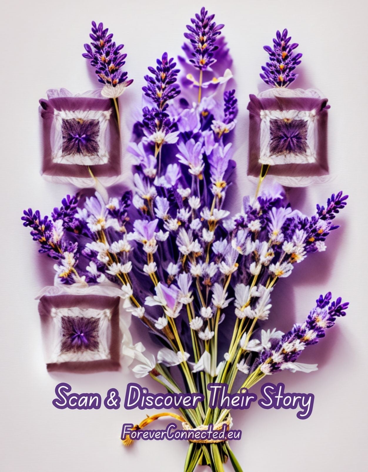 Memorial tile with artistic QR codes in a lavender flower design, linking to a digital remembrance page with personal memories and photos