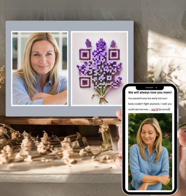 innovation in the funeral and remembrance sector: Memorial photo plaque featuring a portrait of a smiling woman on the left and a lavender bouquet with an integrated artistic QR code on the right. In the foreground, a mobile phone displays a tribute page with a heartfelt message and the same woman's image, demonstrating the digital memory linked to the QR code.