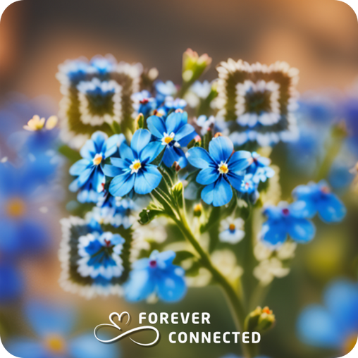 Forever Connected 8x8 cm artistic QR memorial plaque with Forget-me-not (Myosotis) floral design. A symbolic remembrance object linking to a digital tribute page, unlike plain black-and-white QR codes.