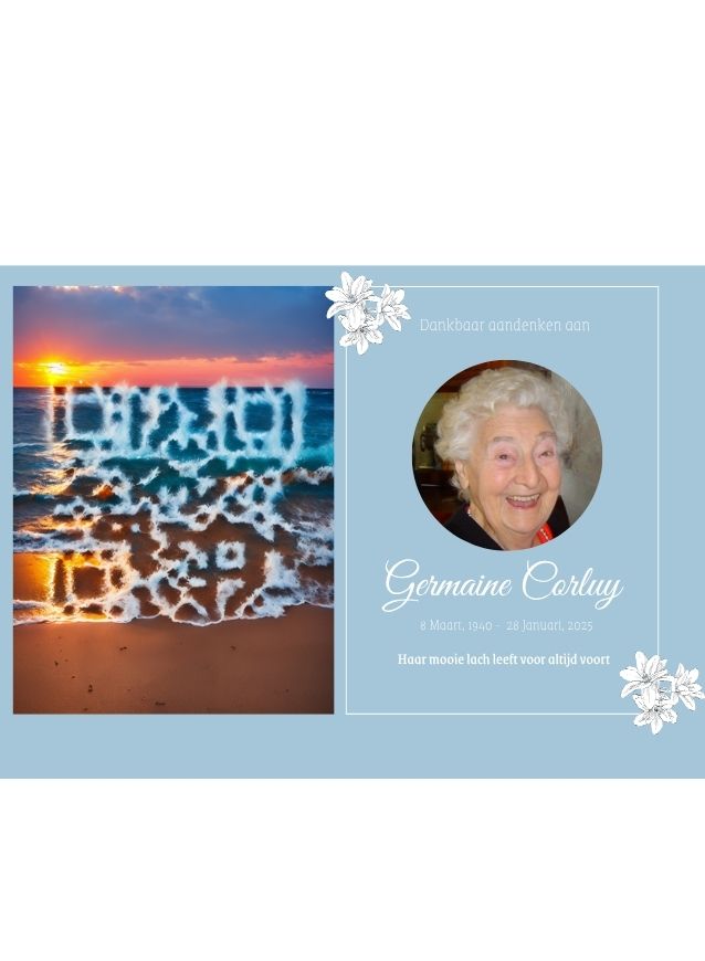 Memorial thank-you card from Forever Connected featuring a smiling elderly woman on the right with the text “In Loving Memory – Germaine Corluy.” On the left, an ocean sunset scene displays an artistic QR code subtly integrated into the foam of the waves. White floral illustrations decorate the corners of the design.