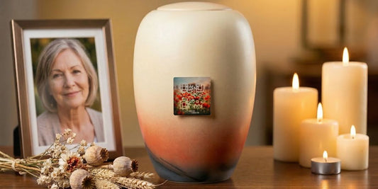 Home memorial scene with a ceramic urn featuring a Forever Connected keepsake, framed portrait, dried flowers, and lit candles on a wooden table.