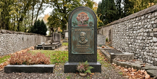Historic grave with decorative Forever Connected memorial plaque inviting visitors to scan and discover the story of a notable local figure