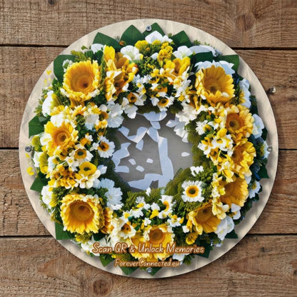 QR Memorial Flower wreath featuring sunflowers, lots of little white flowers and greenery