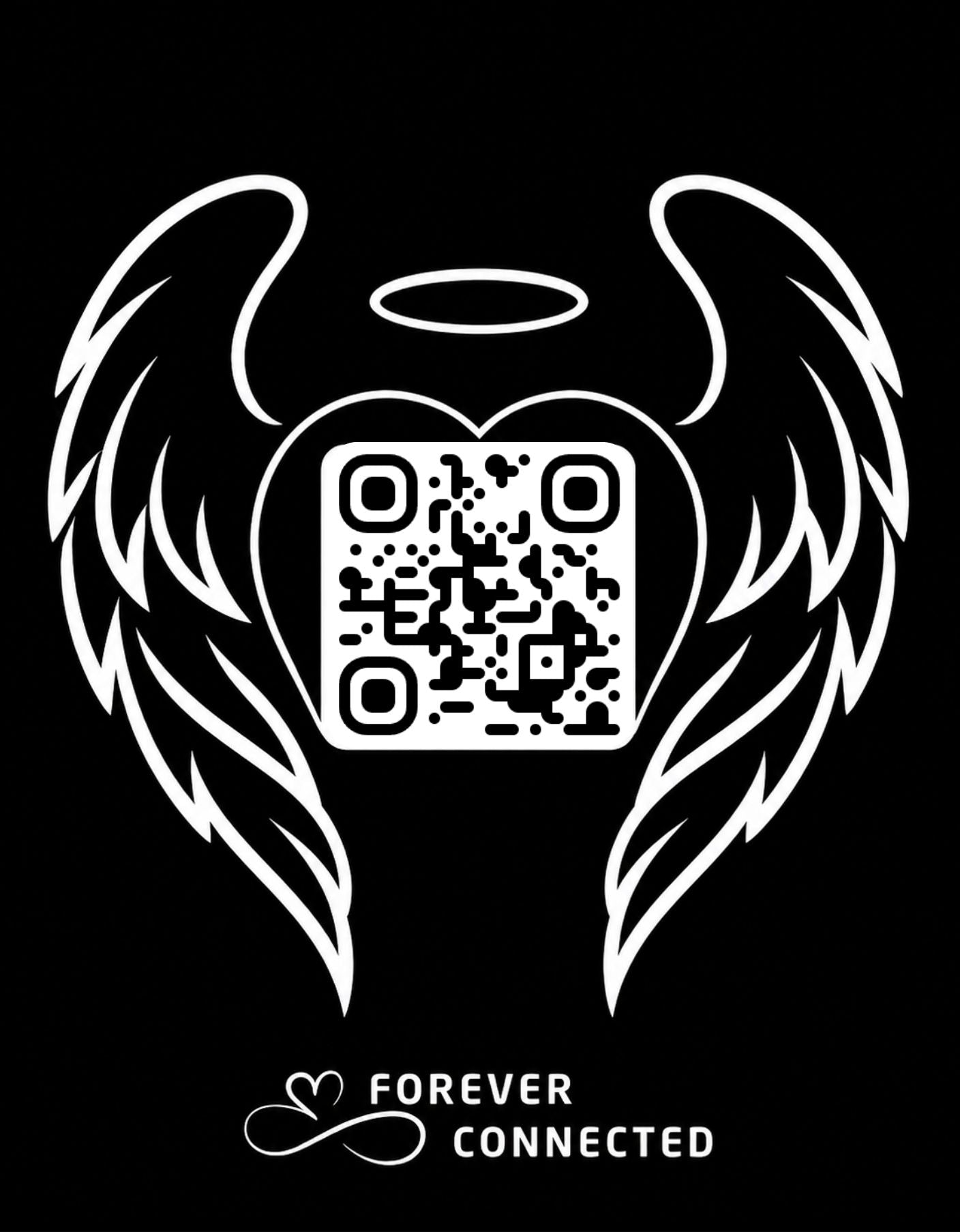 White QR code with wings and 'Forever Connected' text on a black background