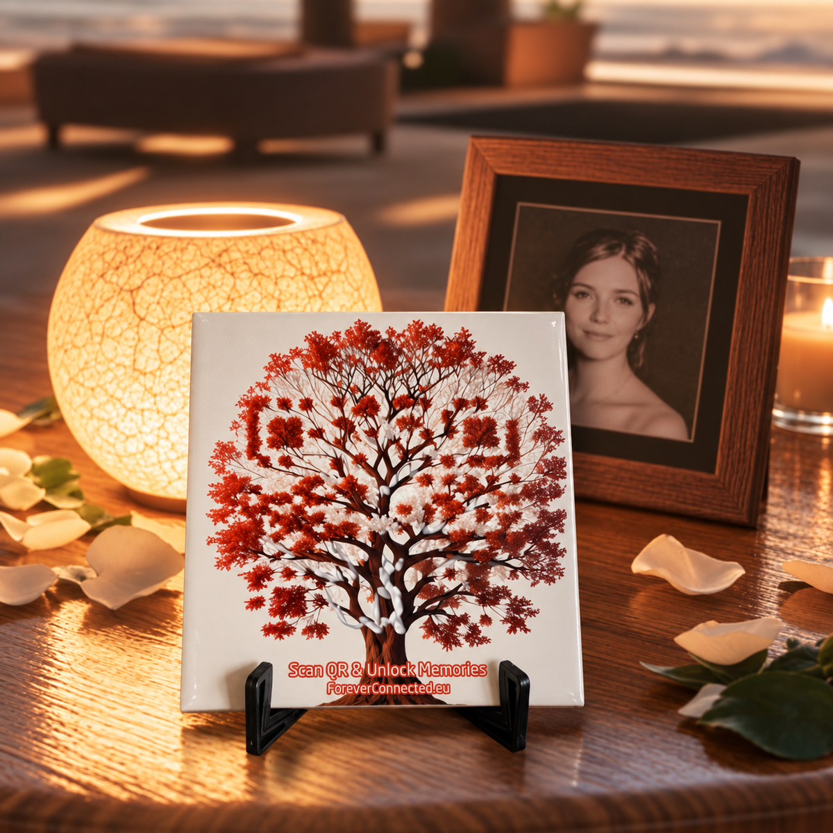 A decorative red and brown tree of life with a QR code displayed on a table, illuminated by a lamp, with a framed photo and autumn leaves in the background.