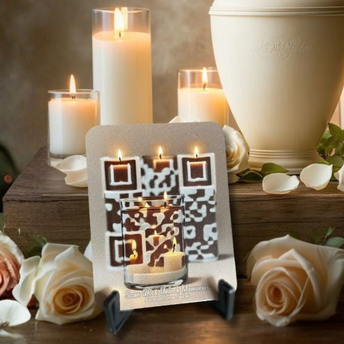 Candlelight QR memorial plaque for indoor remembrance — scannable tribute object near candles and urn, linking to a digital memorial page.