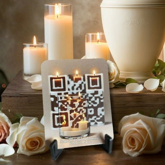 Candlelight QR memorial plaque for indoor remembrance — scannable tribute object near candles and urn, linking to a digital memorial page.