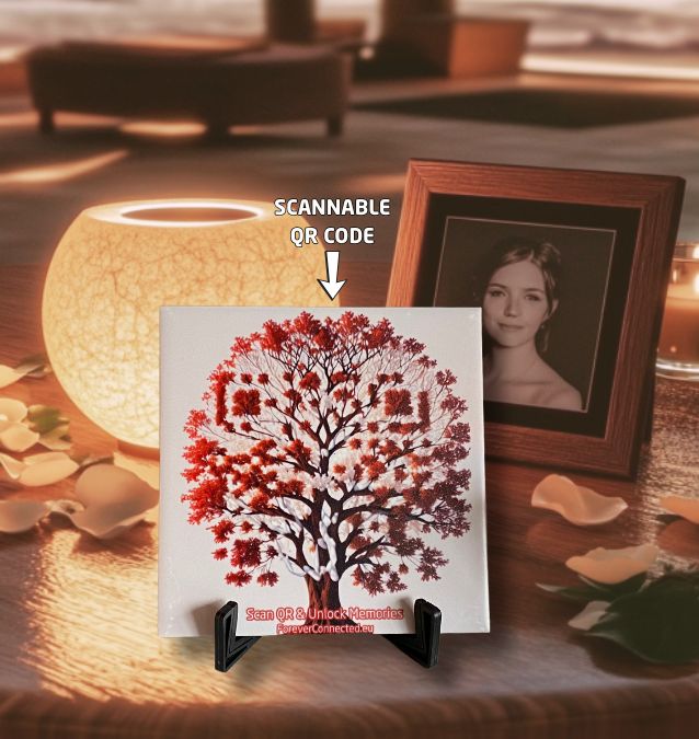Forever Connected: Memento with Artistic QR Code showing the Tree Of Life. Scan the QR plaque & connect to a Digital Memorial,  Bringing Memories to Life! Perfect comfort  or sympathy gift.