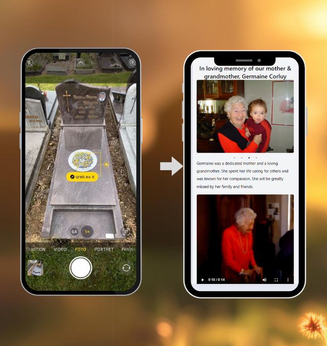 Forever Connected: Memorial with Artistic QR Code showing a Flower Wreath. Scan & connect to a Digital Memorial,  Bringing Memories to Life! Ease the grieving process or give as sympathy gift