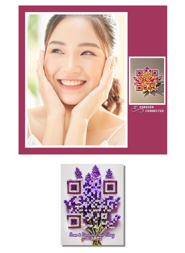 Smiling woman next to an artistic QR photo plaque with lotus flower design by Forever Connected, linking to a personalized digital memorial tribute.