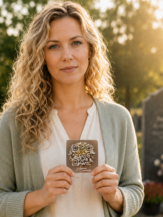 A woman with curly blonde hair stands in a sunny cemetery holding a small square brown QR Plaque with a gold-toned floral design. A gravestone is visible in the background, and the scene is backlit by warm golden sunlight.