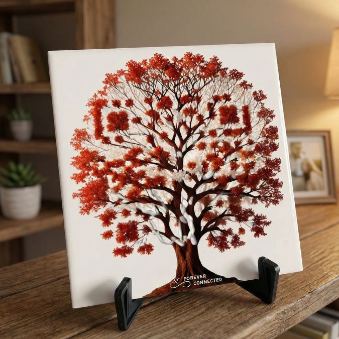 A decorative red and brown tree of life with a QR code displayed on a table. The QR code links to an online tribute of a loved one, so that when someone is cremated you have a tangible object linked to his memories