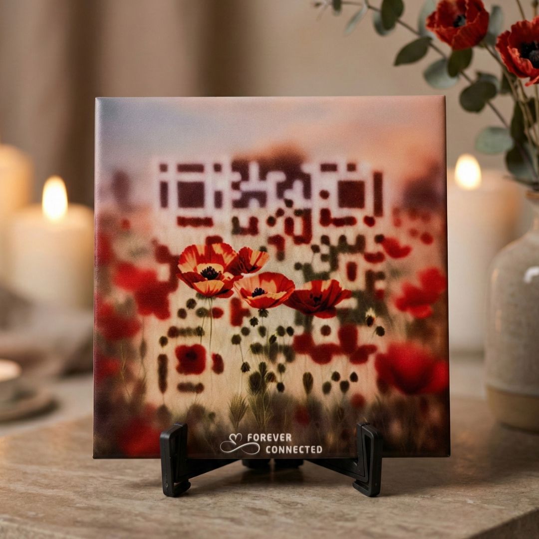 QR memorial made of a ceramic tile with a unique artistic QR design that leads to a virtual in memoriam