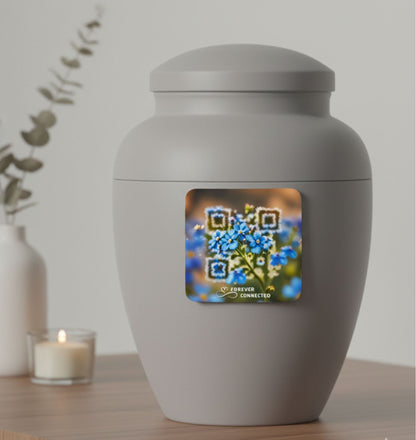 Plaque commémorative en aluminium, motif "Ne m’oubliez pas" (myosotis) avec code QR intégré + page commémorative