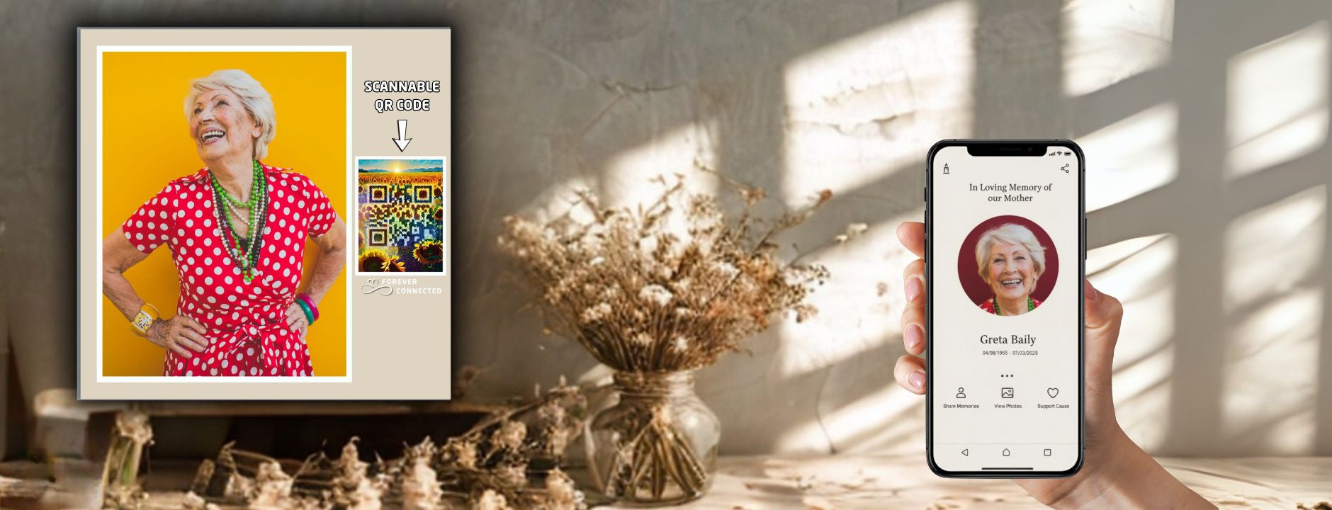 Memorial photo plaque with sunflowers and sunset QR design beside a smartphone showing a Forever Connected remembrance page. A unique digital memorial object helping families honor loved ones and keep memories alive online.A modern grief support object to preserve memories of a loved one.