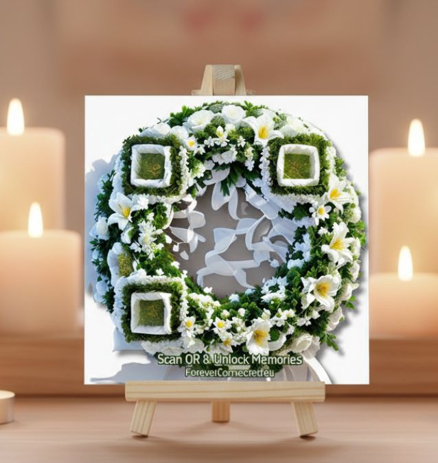 Indoor QR Memento - Flower wreath with bright white roses, white Asiatic lilies, mini carnations and white cushion poms + Digital Memorial Page