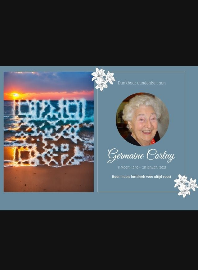 Memorial thank-you card from Forever Connected featuring a smiling elderly woman on the right with the text “In Loving Memory – Germaine Corluy.” On the left, an ocean sunset scene displays an artistic QR code subtly integrated into the foam of the waves. White floral illustrations decorate the corners of the design.