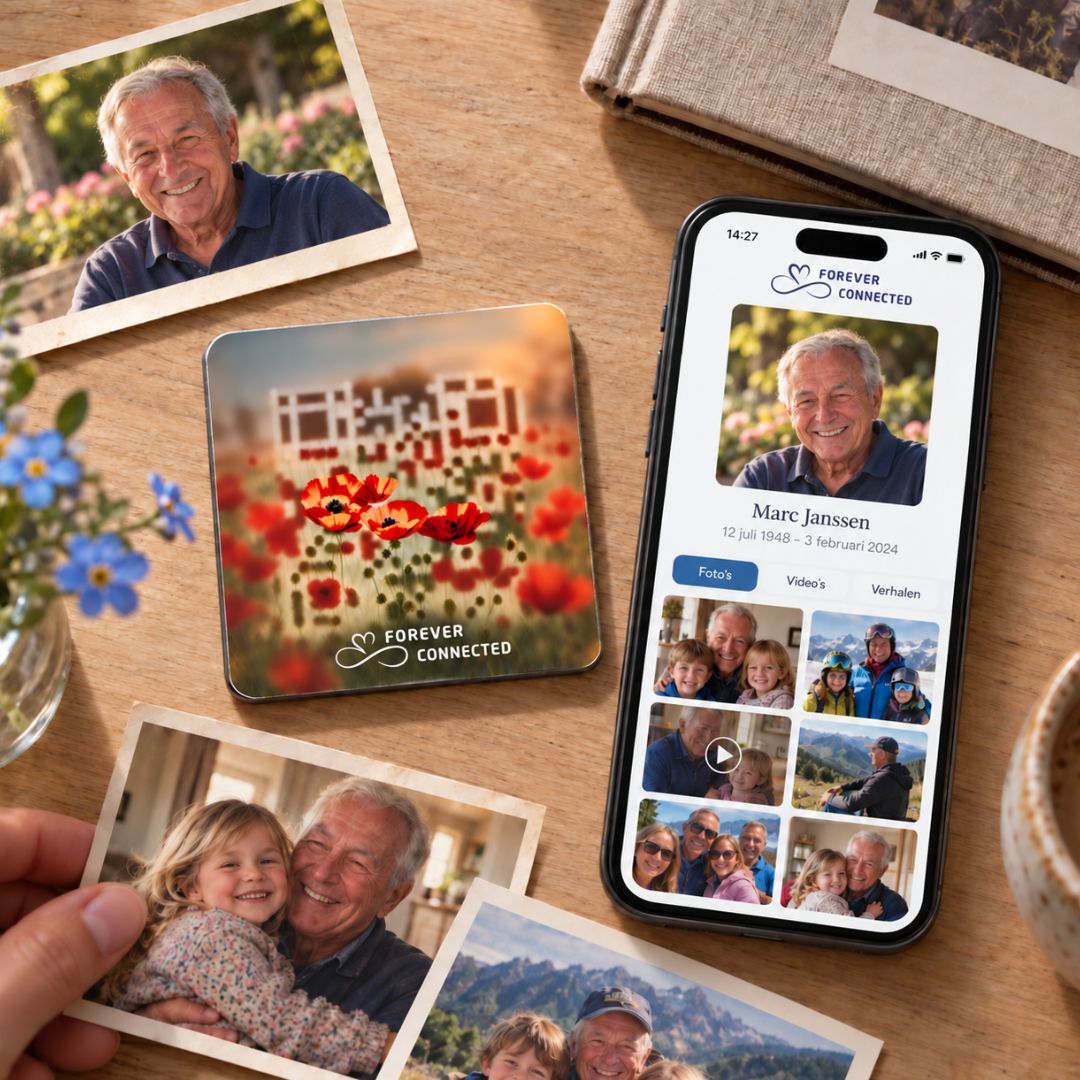 Scattered Memories of photo albums, vhs video, mobile phones grouped onto a QR code memorial plaque with red poppies design and linked to an online tribute
