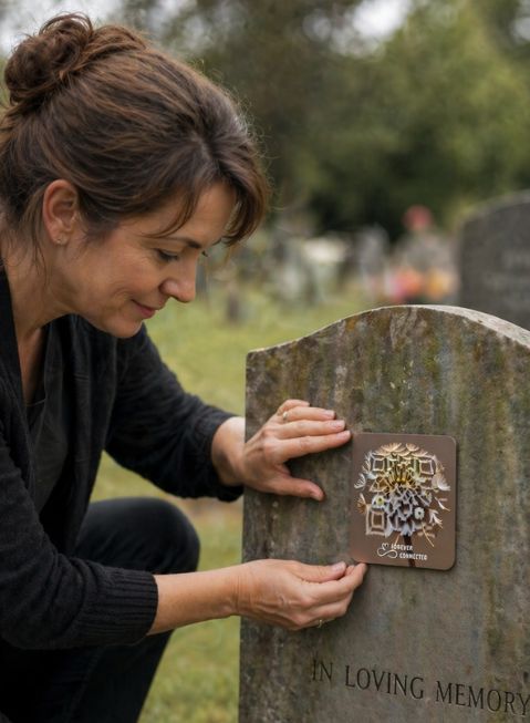 Woman placing a Forever Connected QR memorial plaque on a headstone to honor and remember a loved one.