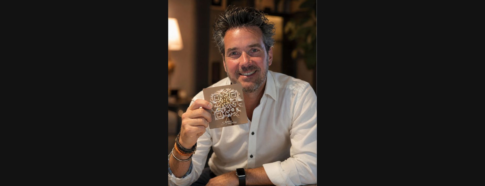Frederik Rademakers, founder and CEO of Forever Connected, holds a memorial plaque with an artistic Dandelion that scans like a QR code