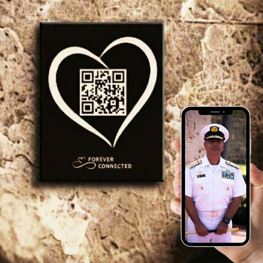 Forever Connected Memorial QR plaque with a heart shaped QR design. Scan & connect to a Digital Memorial,  Bringing Memories to Life! Ease the grieving process or give as sympathy gift for Memorial Day or to anyone that lost a loved one