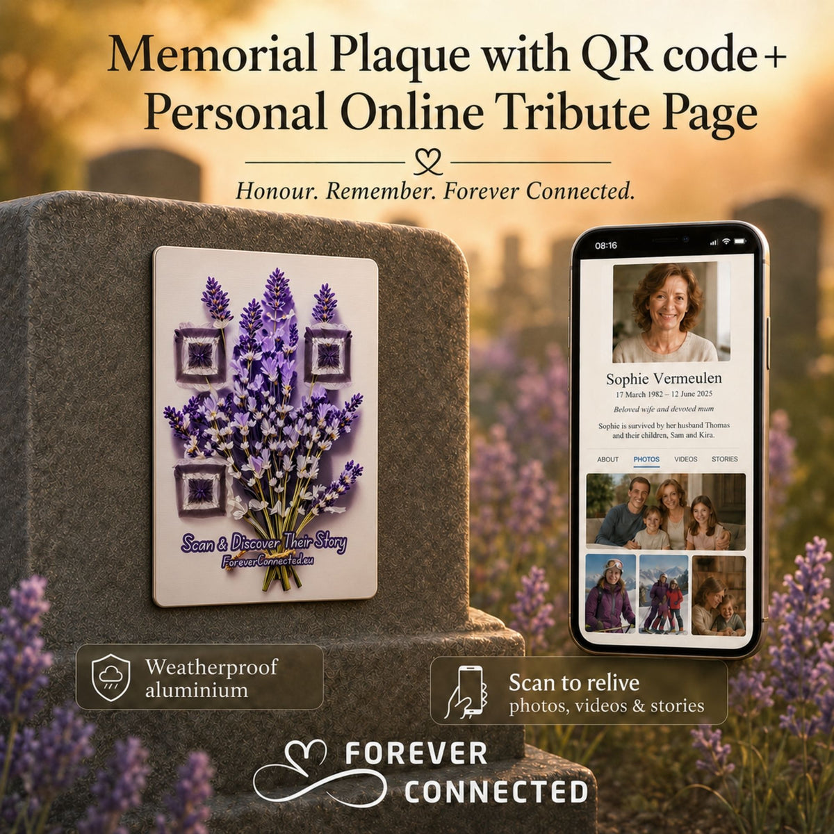 Memorial plaque with artistic QR codes in a lavender flower design, linking to a digital remembrance page with personal memories and photos. 
