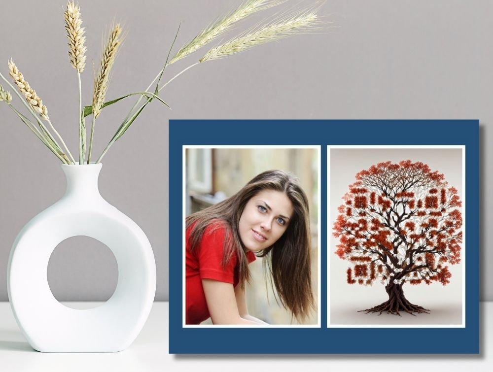 Memorial photo frame designed by Forever Connected, featuring a portrait of a young woman on the left and an artistic QR code integrated into a tree design on the right, symbolizing life and remembrance, placed on a table beside a white vase with wheat stalks.